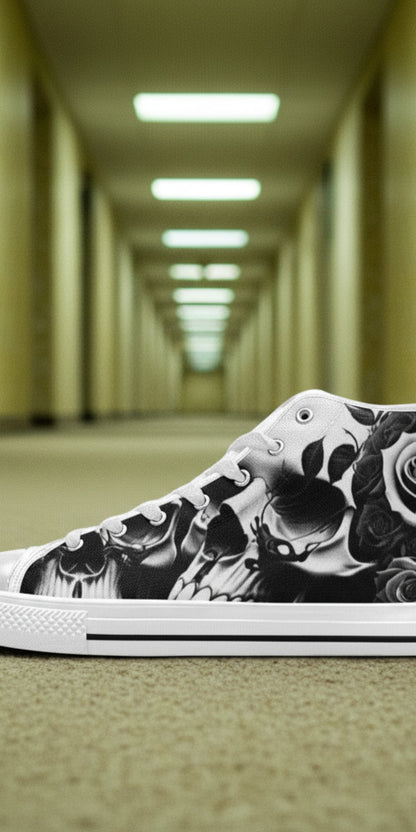 Women's Greyscale Skulls & Roses Black & White high-top canvas shoes, custom full-wrap printed design — Freaky Shoes