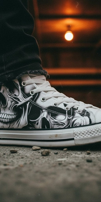 Women's Cartoon Skulls & Roses custom high-top canvas shoes — wearable art by Freaky Shoes