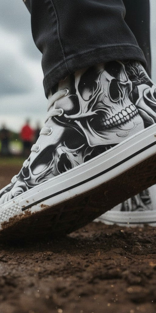 Freaky Shoes® women's high-top canvas sneakers featuring a grey skull and rose print, worn in a muddy outdoor setting.