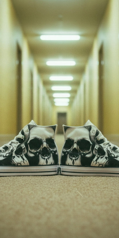 Custom Women's Greyscale Skulls & Roses Black & White high-top canvas shoes with bold all-over art — Freaky Shoes