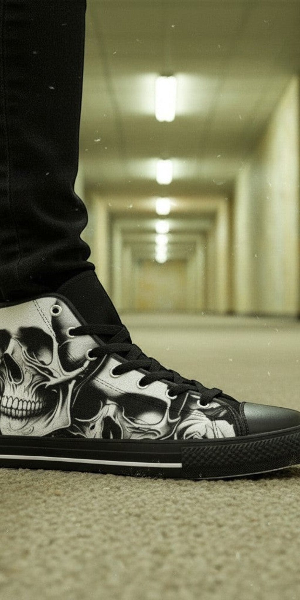 Custom Women's Cartoon Skulls & Roses high-top canvas shoes with bold all-over art — Freaky Shoes