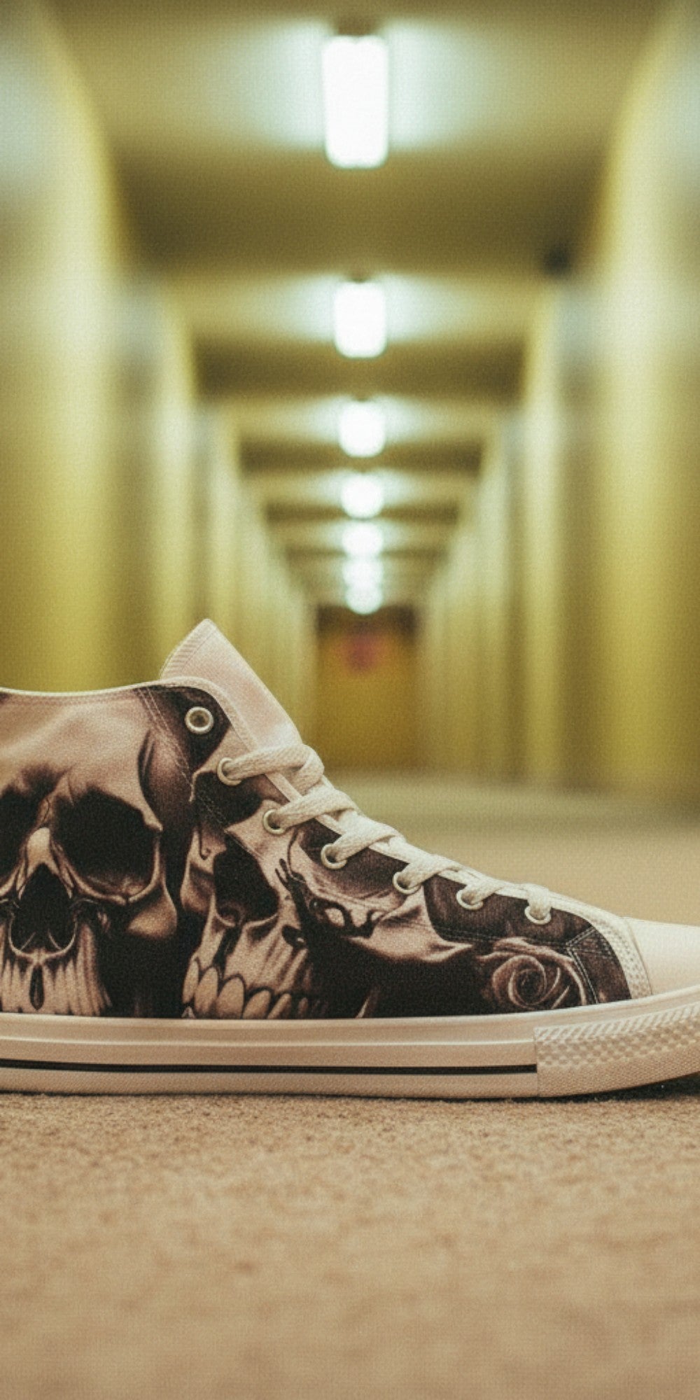 Women's Greyscale Skulls & Roses Black & White hand-made high-top canvas shoes — unique wearable art by Freaky Shoes