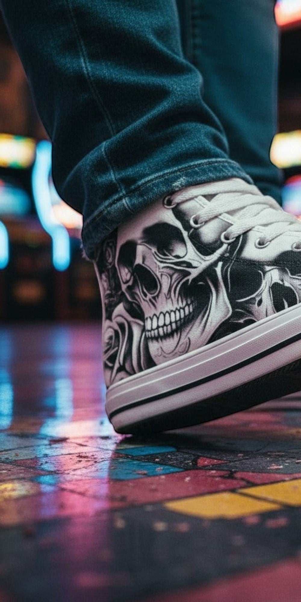 Women's Cartoon Skulls & Roses high-top canvas shoes, custom full-wrap printed design — Freaky Shoes