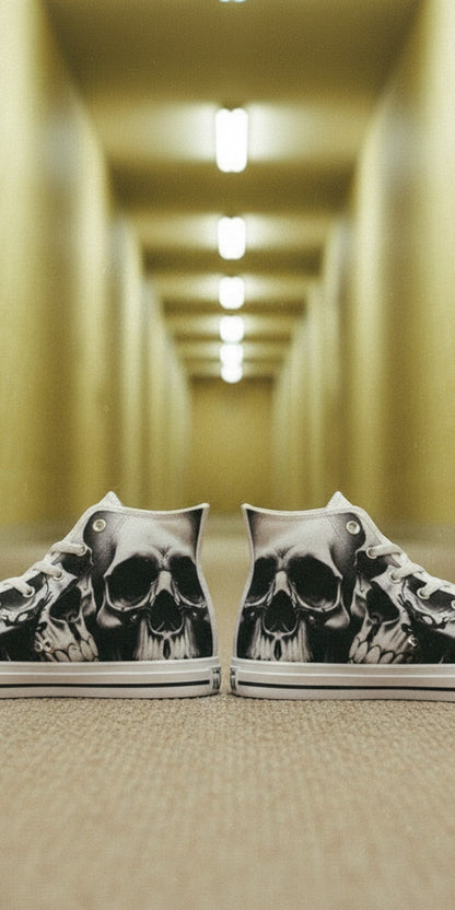 Women's Greyscale Skulls & Roses Black & White high-top canvas shoes — one-of-a-kind custom printed art, Freaky Shoes