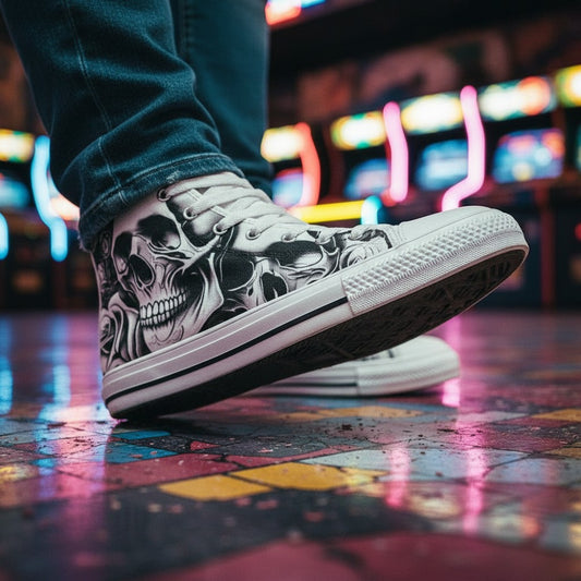 Freaky Shoes® women's high-top canvas sneakers featuring a grey skull and rose print, worn in a neon arcade setting.