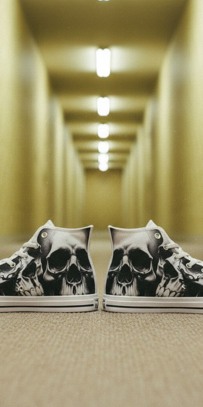 Women's Greyscale Skulls & Roses Black & White high-top canvas shoes — one-of-a-kind custom printed art, Freaky Shoes