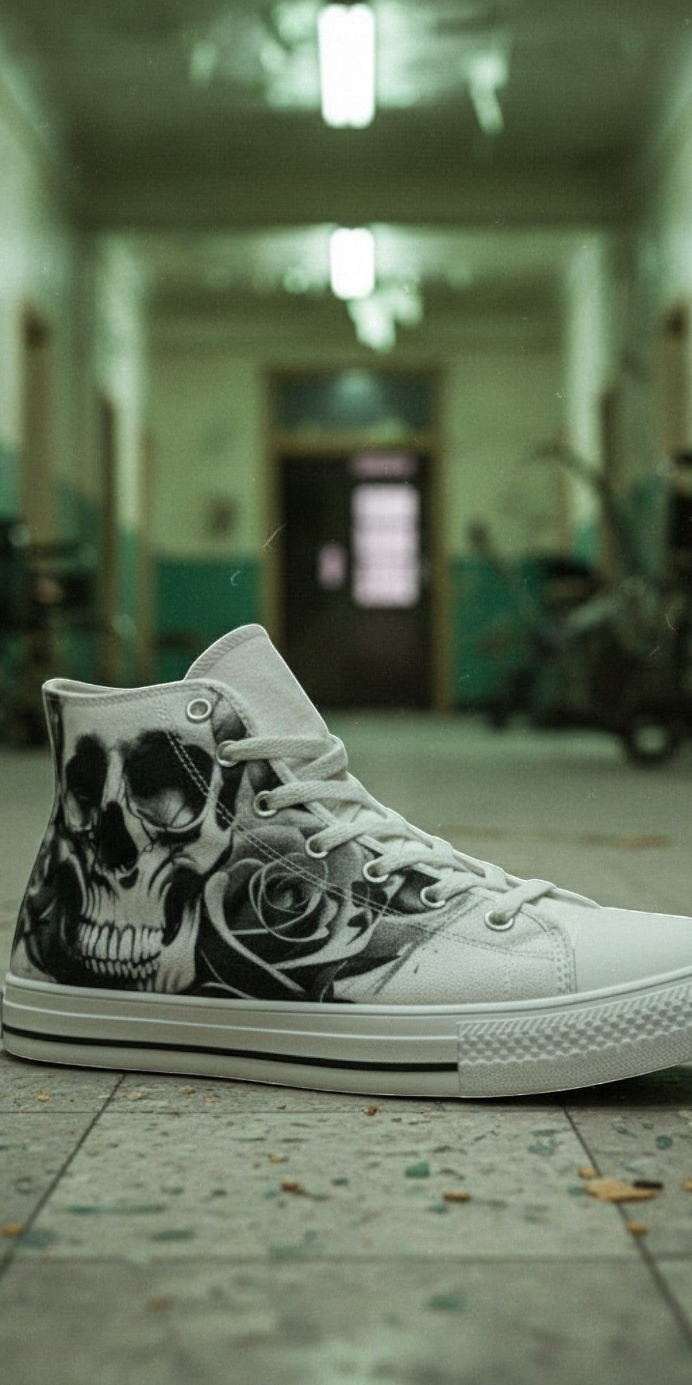 Custom Women's Cartoon Skulls & Roses Black & White high-top canvas shoes with bold all-over art — Freaky Shoes