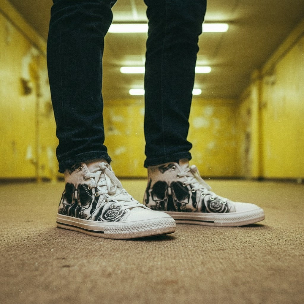 Women's Grey Skull & Roses Black & White high-top canvas shoes, custom full-wrap printed design — Freaky Shoes