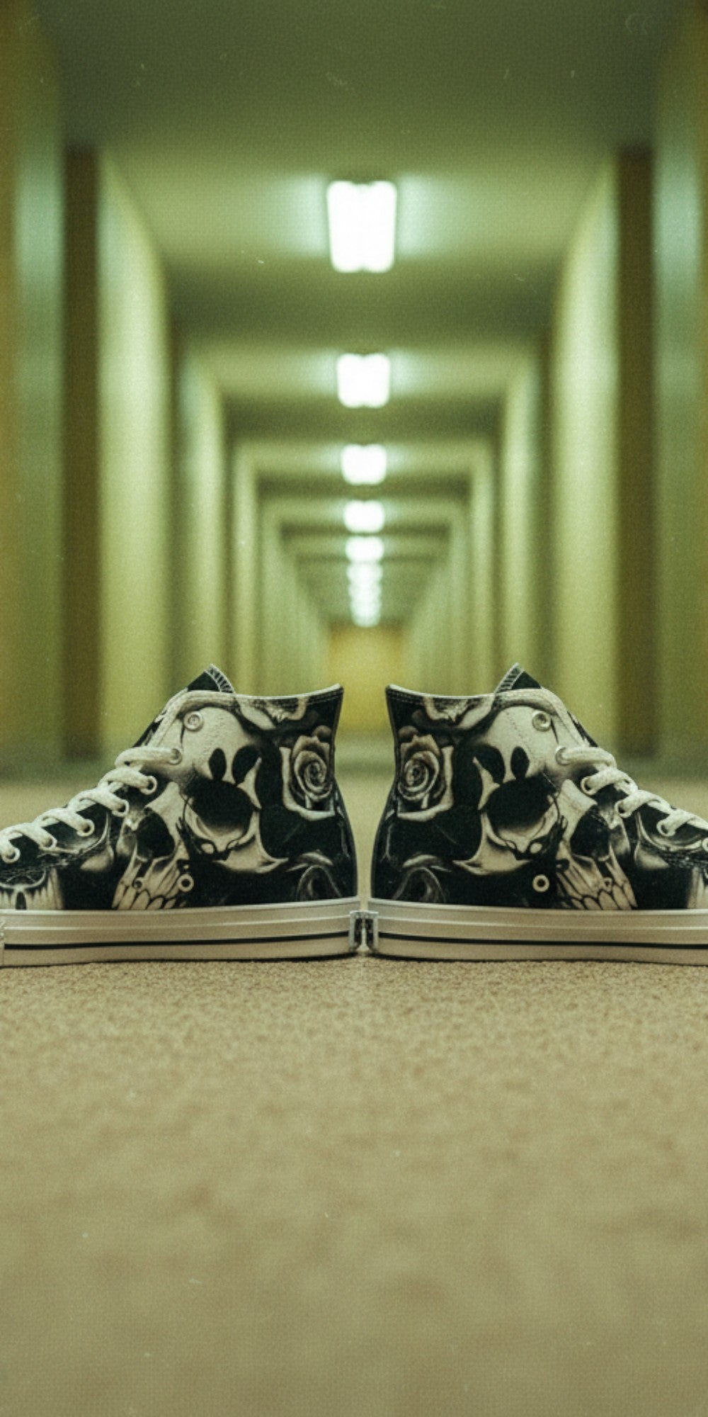 Women's Greyscale Skulls & Roses Black & White high-top canvas shoes, custom full-wrap printed design — Freaky Shoes