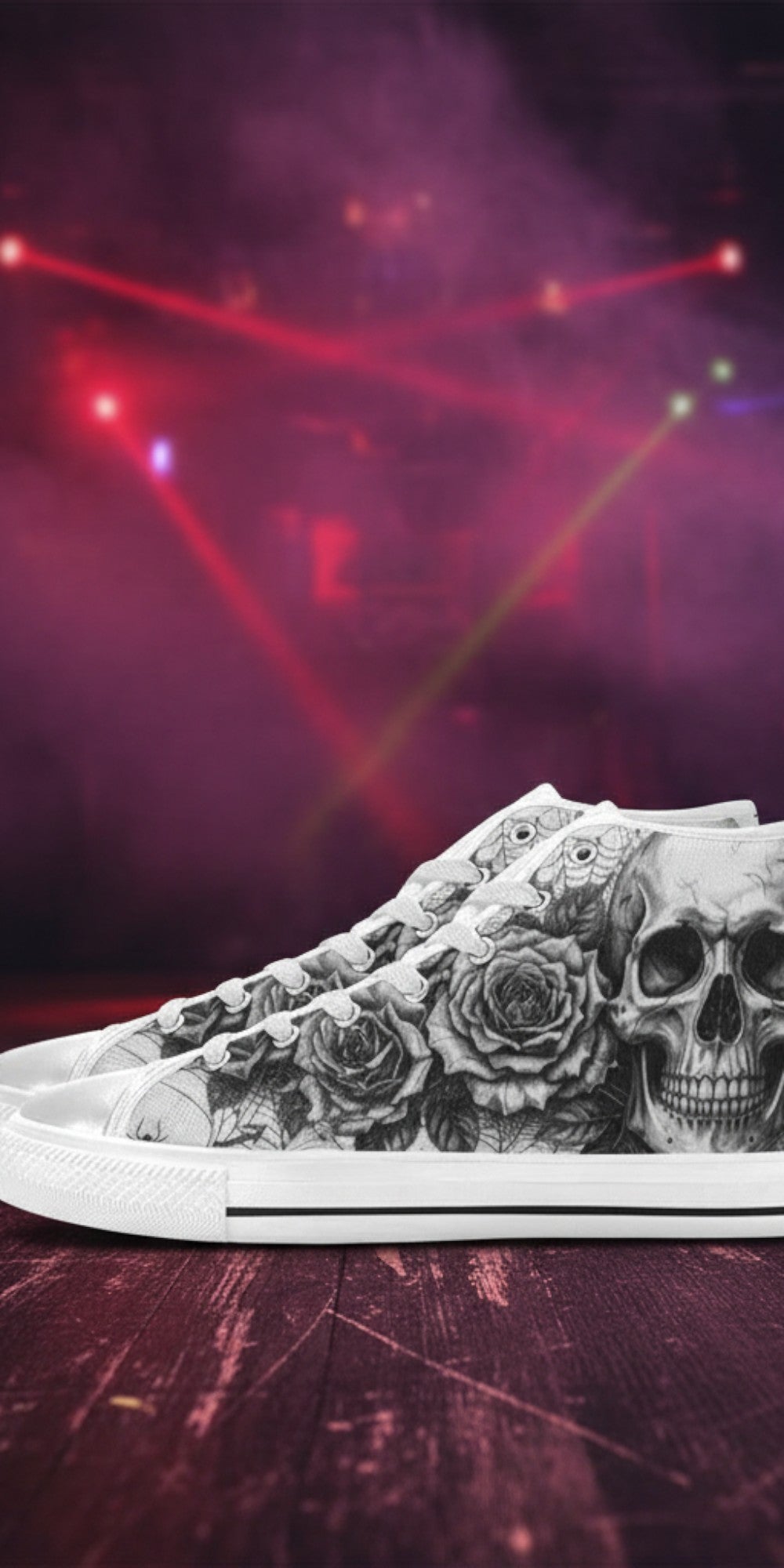 Women's Grey Dark Art Skull Goth high-top canvas shoes — one-of-a-kind custom printed art, Freaky Shoes