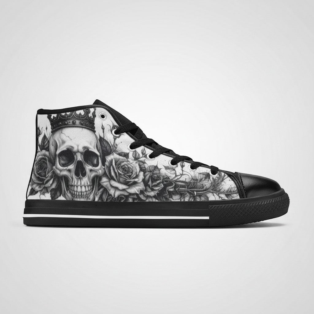 Freaky Shoes® women's grey high-top canvas sneakers featuring a gothic skull and rose print with black rubber soles.
