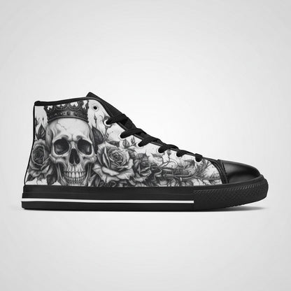 Freaky Shoes® women's grey high-top canvas sneakers featuring a gothic skull and rose print with black rubber soles.