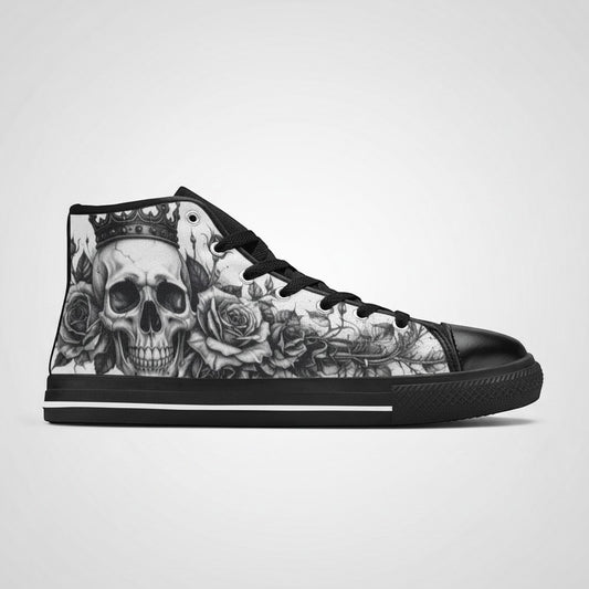 Freaky Shoes® women's grey high-top canvas sneakers featuring a gothic skull and rose print with black rubber soles.