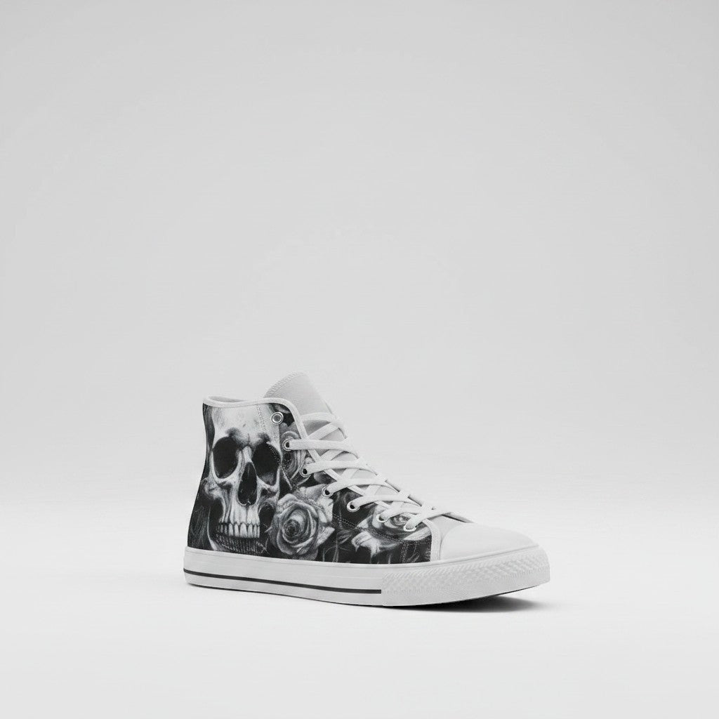 Freaky Shoes® women's grey high-top canvas sneakers featuring a gothic skull and dark rose print with white laces.