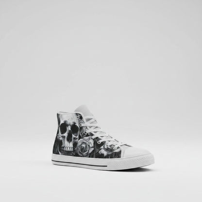 Freaky Shoes® women's grey high-top canvas sneakers featuring a gothic skull and dark rose print with white laces.