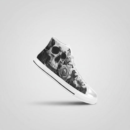 Freaky Shoes® women's grey high-top canvas sneakers featuring a gothic skull and dark rose print with lace-up closure
