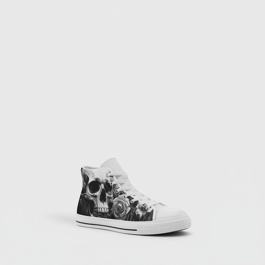 Freaky Shoes® women's grey high-top canvas sneakers featuring a gothic skull and dark rose print with lace-up closure.