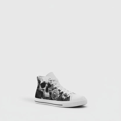 Freaky Shoes® women's grey high-top canvas sneakers featuring a gothic skull and dark rose print with lace-up closure.