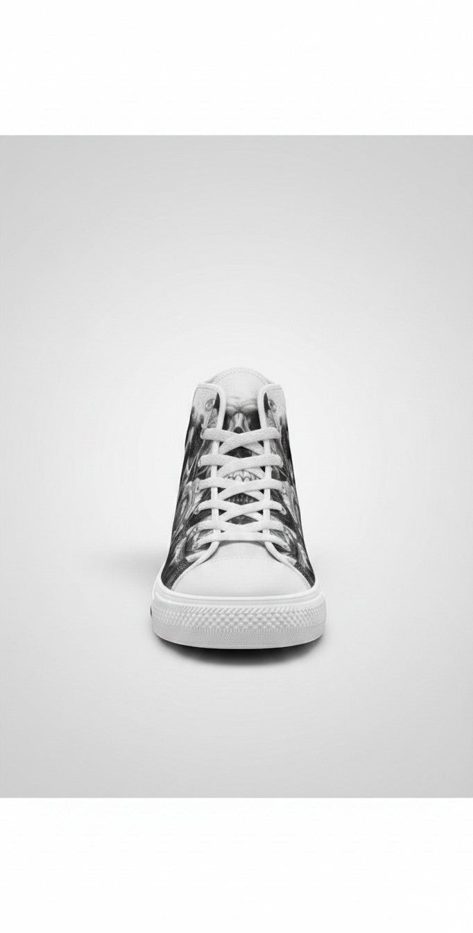 Freaky Shoes® women's grey high-top canvas sneakers featuring a gothic skull and dark rose print with lace-up closure