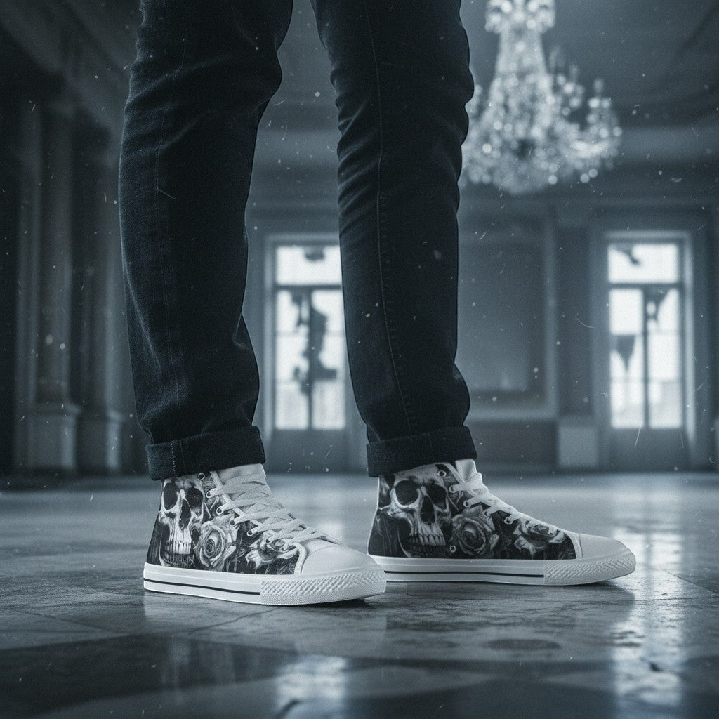 Freaky Shoes® women's grey high-top canvas sneakers featuring a gothic skull and dark rose print in a ballroom setting