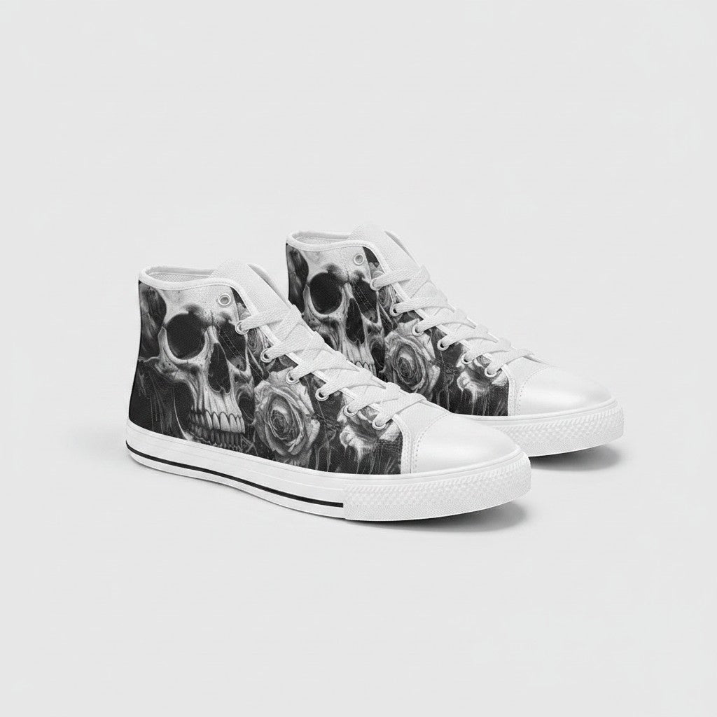 Freaky Shoes® women's high-top canvas sneakers featuring a grey skull and dark rose gothic print with white laces.