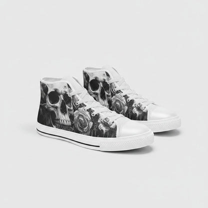 Freaky Shoes® women's high-top canvas sneakers featuring a grey skull and dark rose gothic print with white laces.