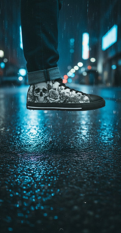 Freaky Shoes® grey high top canvas sneakers featuring a gothic skull and rose print, worn in a rainy city street.