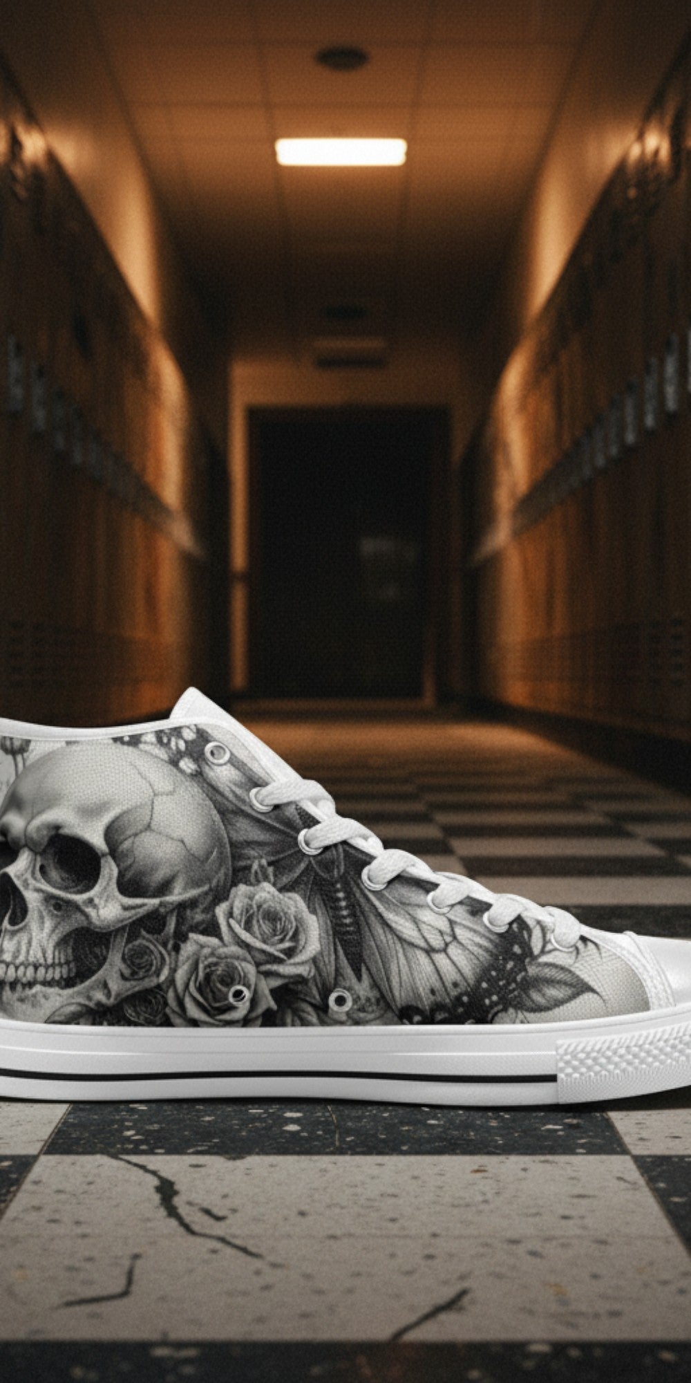 Men's Dark Skull Rose Grey Gothic high-top canvas shoes — one-of-a-kind custom printed art, Freaky Shoes