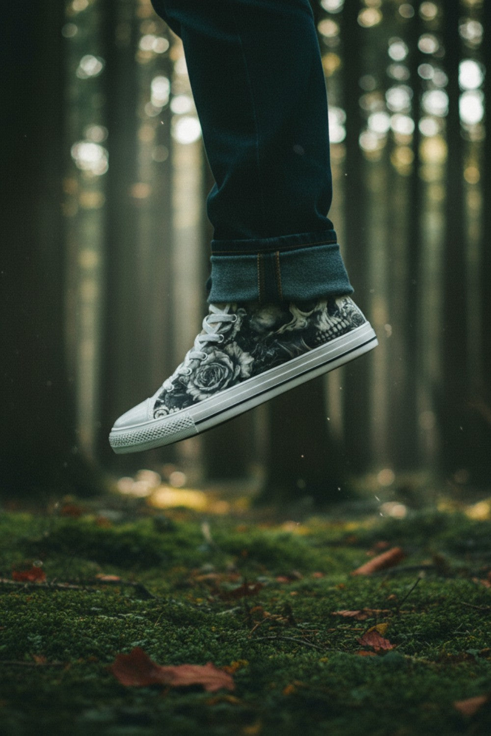 Freaky Shoes® grey skull and rose print high top canvas sneakers worn in a moody forest setting.