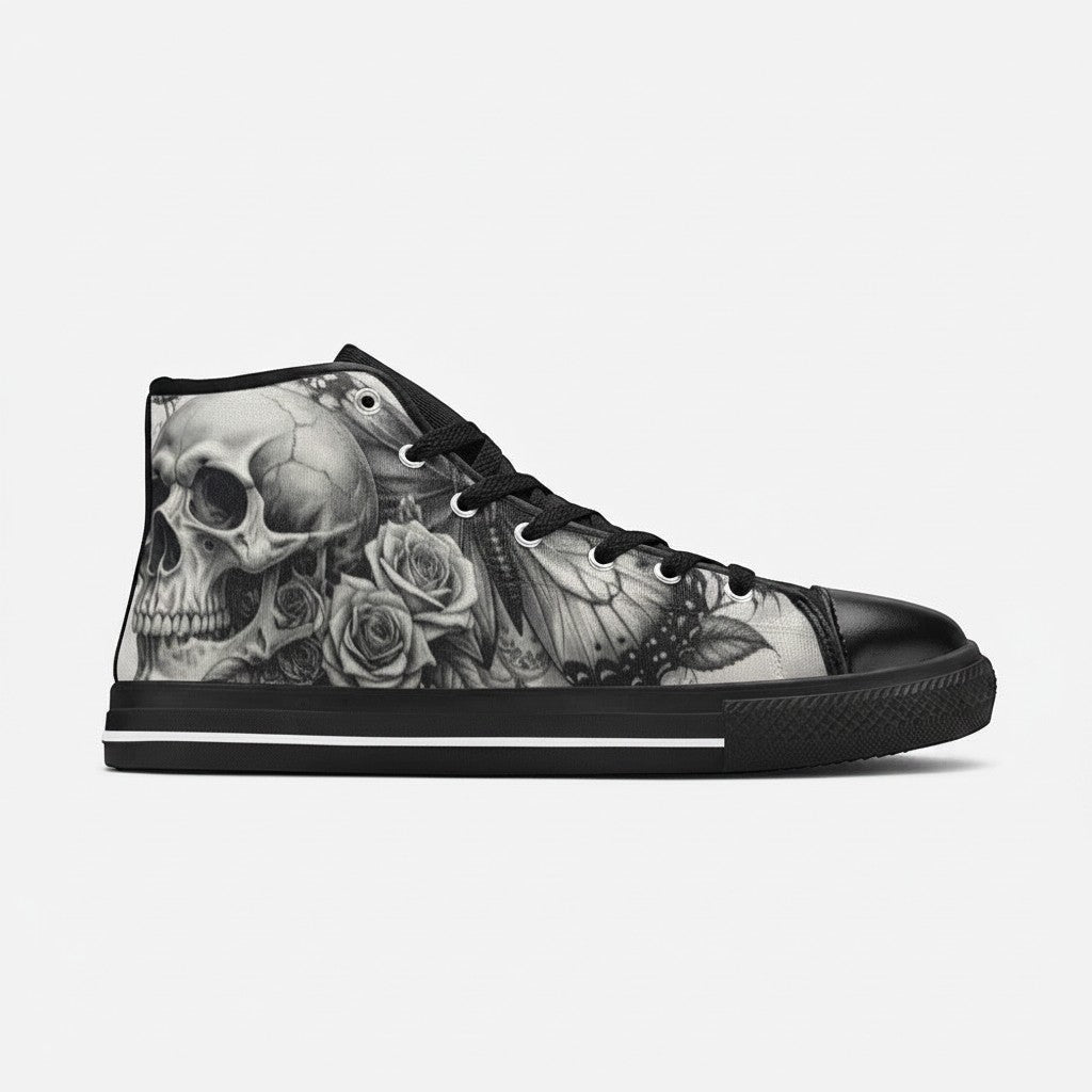 Freaky Shoes® women's high-top canvas sneakers featuring a grey gothic skull and rose art print with black trim