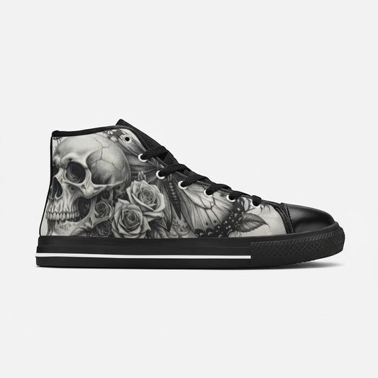 Freaky Shoes® women's high-top canvas sneakers featuring a grey gothic skull and rose art print with black trim