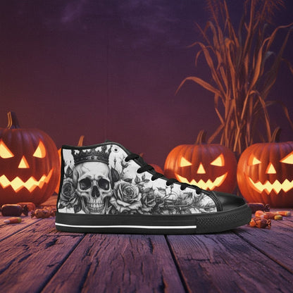 Freaky Shoes® grey high-top canvas sneakers featuring a gothic skull and rose print on a wooden floor with pumpkins.