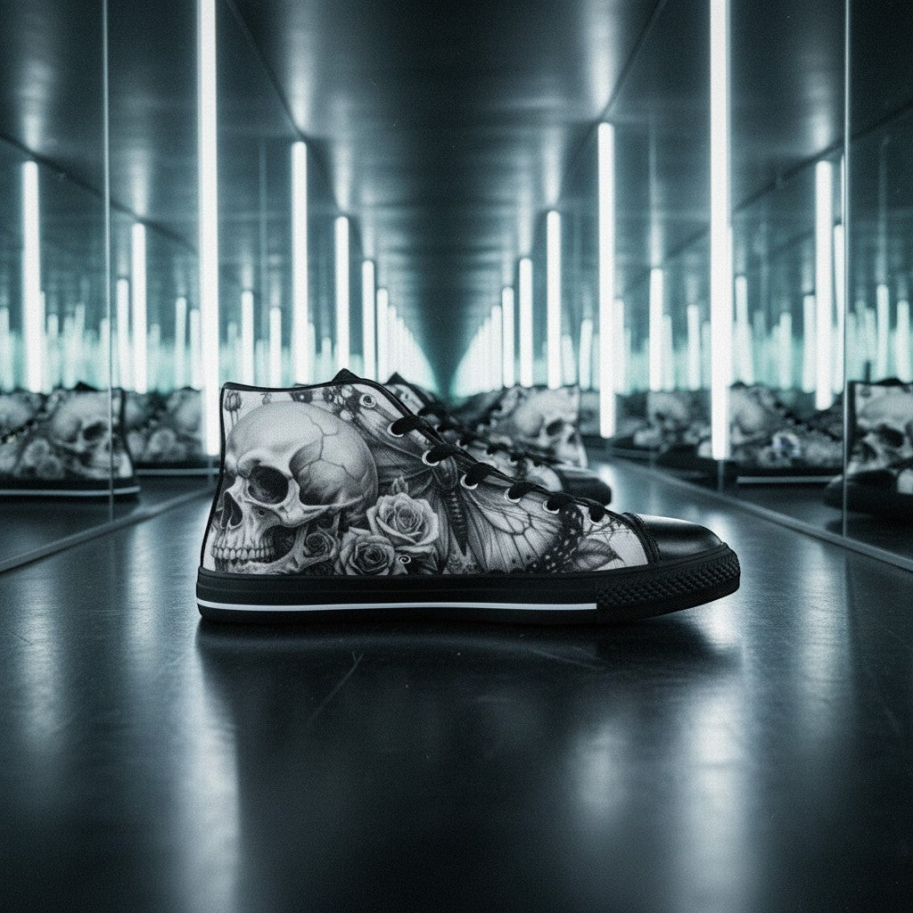 Women's Grey Skull Roses Dark Gothic Art hand-made high-top canvas shoes — unique wearable art by Freaky Shoes
