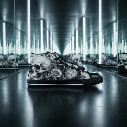 Women's Grey Skull Roses Dark Gothic Art hand-made high-top canvas shoes — unique wearable art by Freaky Shoes
