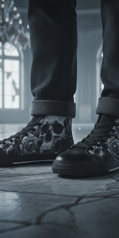 Freaky Shoes® grey skull and rose print high top canvas sneakers worn with dark jeans in a gothic setting.
