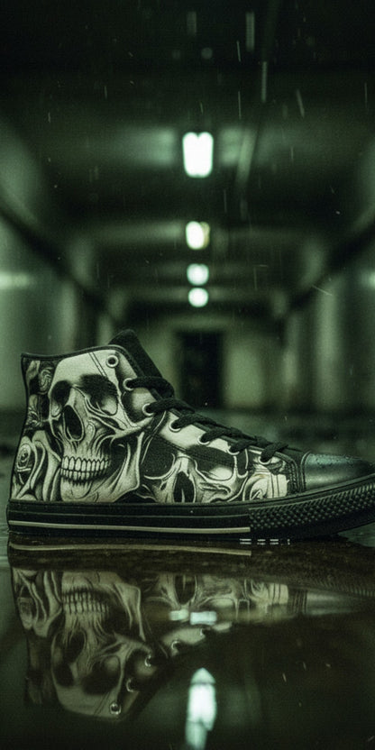 Women's Cartoon Skulls & Roses custom high-top canvas shoes — wearable art by Freaky Shoes