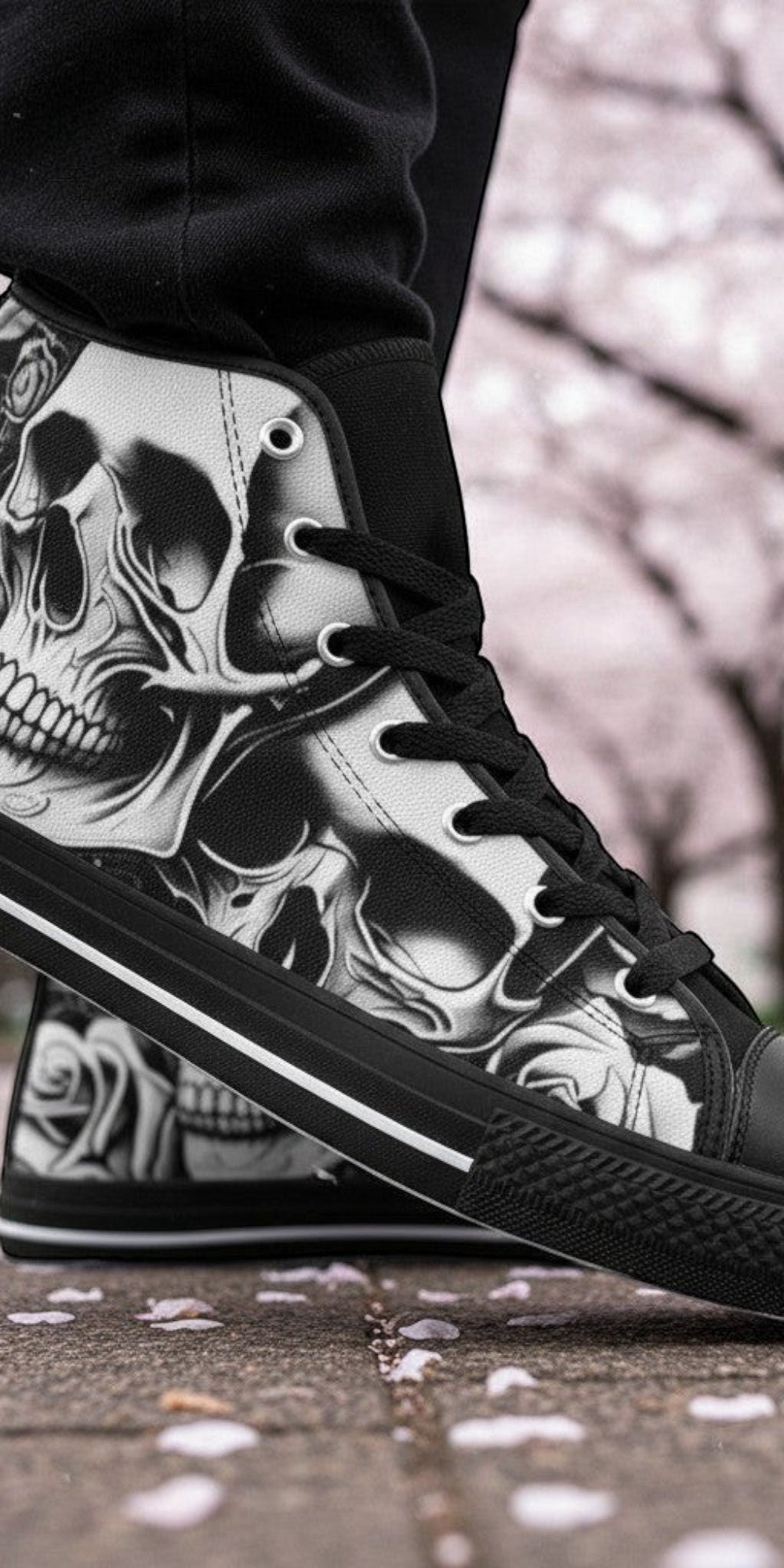 Women's Cartoon Skulls & Roses custom high-top canvas shoes — wearable art by Freaky Shoes
