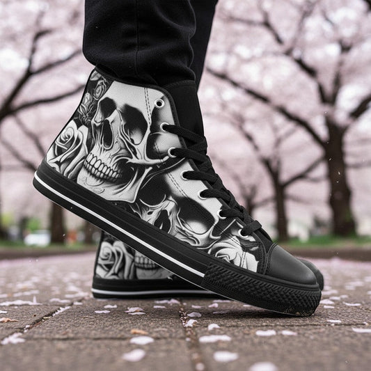 Freaky Shoes® women's high-top canvas sneakers featuring a grey and black skull and rose print with lace-up closure.