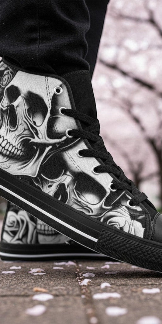 Freaky Shoes® women's high-top canvas sneakers featuring a grey and black skull and rose print with lace-up closure.
