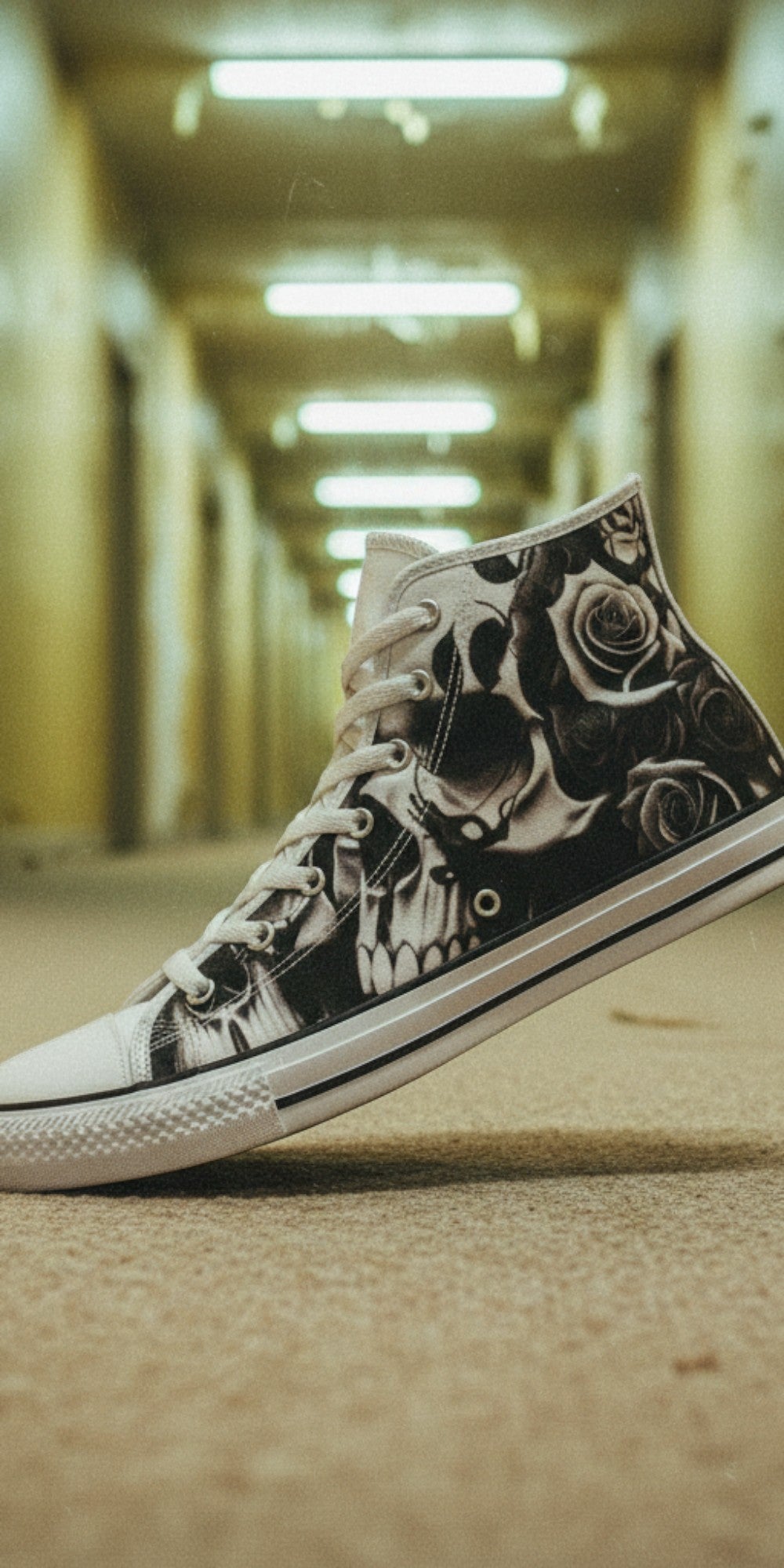 Women's Greyscale Skulls & Roses Black & White high-top canvas shoes, custom full-wrap printed design — Freaky Shoes