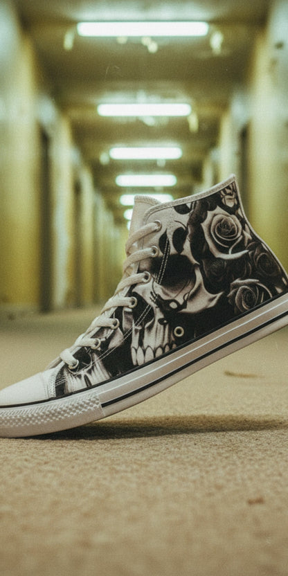 Women's Greyscale Skulls & Roses Black & White high-top canvas shoes, custom full-wrap printed design — Freaky Shoes