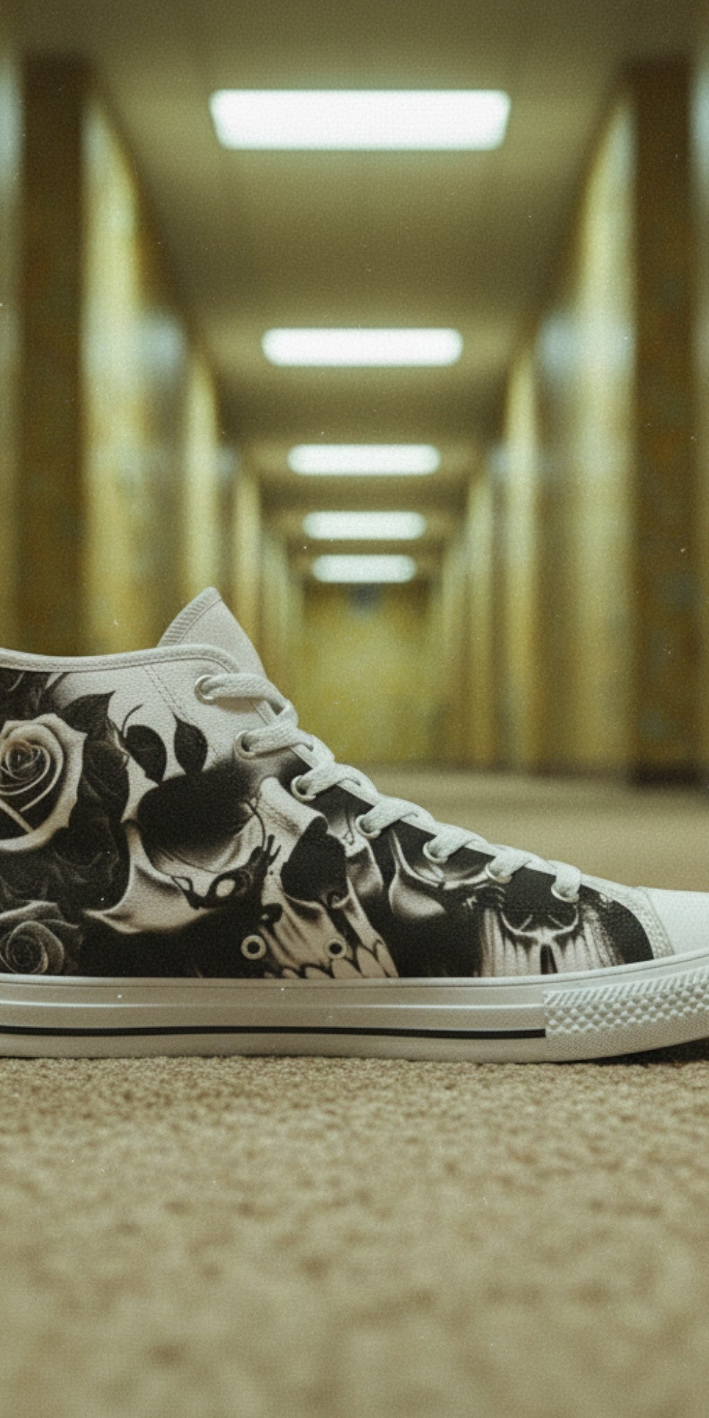 Women's Greyscale Skulls & Roses Black & White high-top canvas shoes, custom full-wrap printed design — Freaky Shoes