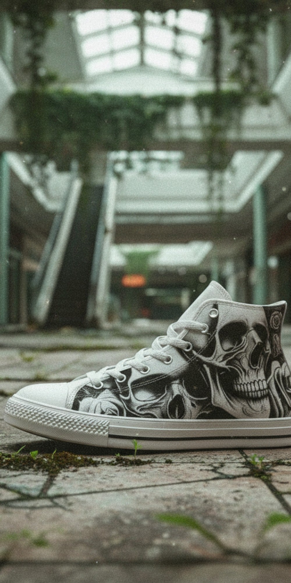 Freaky Shoes® high-top canvas sneakers featuring a grey skull and rose print, set in an abandoned indoor mall.