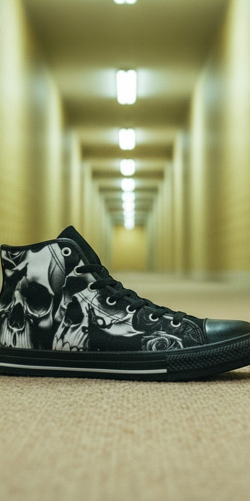 Custom Women's Greyscale Skulls & Roses Black & White high-top canvas shoes with bold all-over art — Freaky Shoes