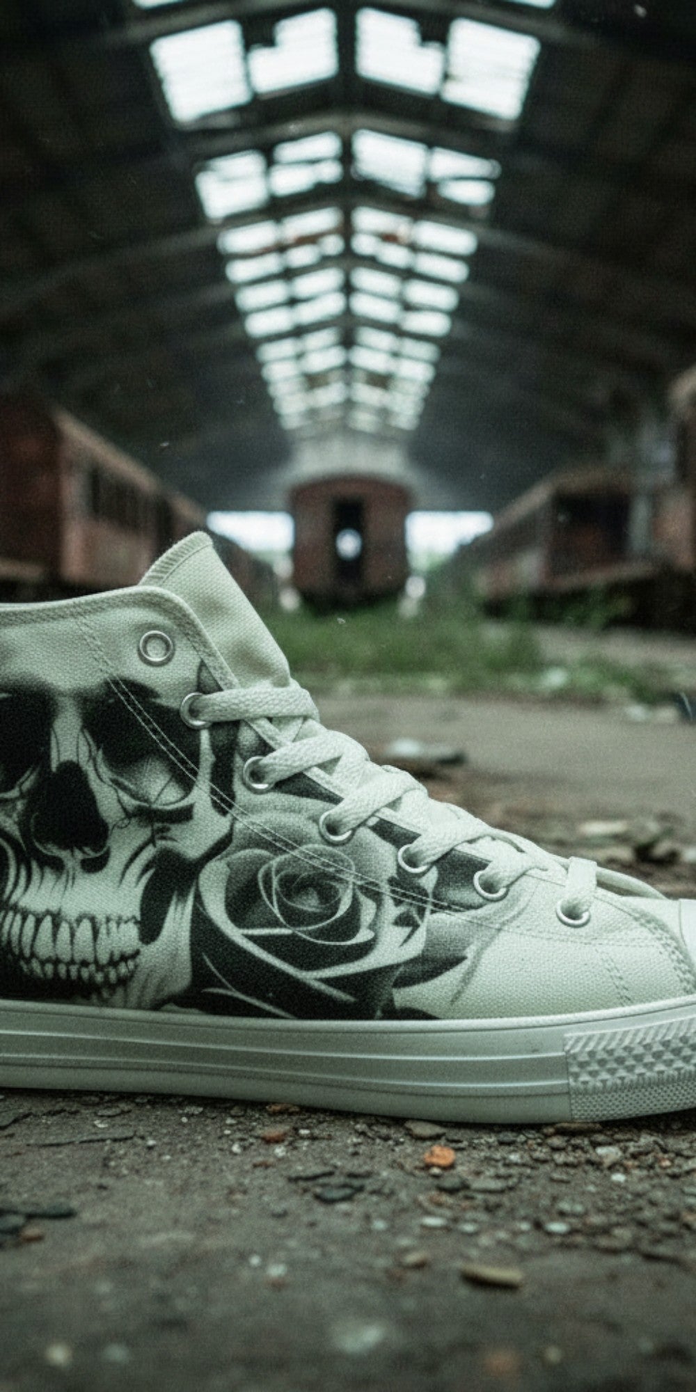 Custom Men's Cartoon Skulls & Roses Black & White high-top canvas shoes with bold all-over art — Freaky Shoes