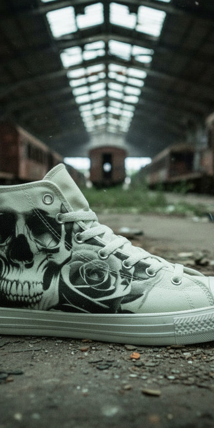 Custom Men's Cartoon Skulls & Roses Black & White high-top canvas shoes with bold all-over art — Freaky Shoes