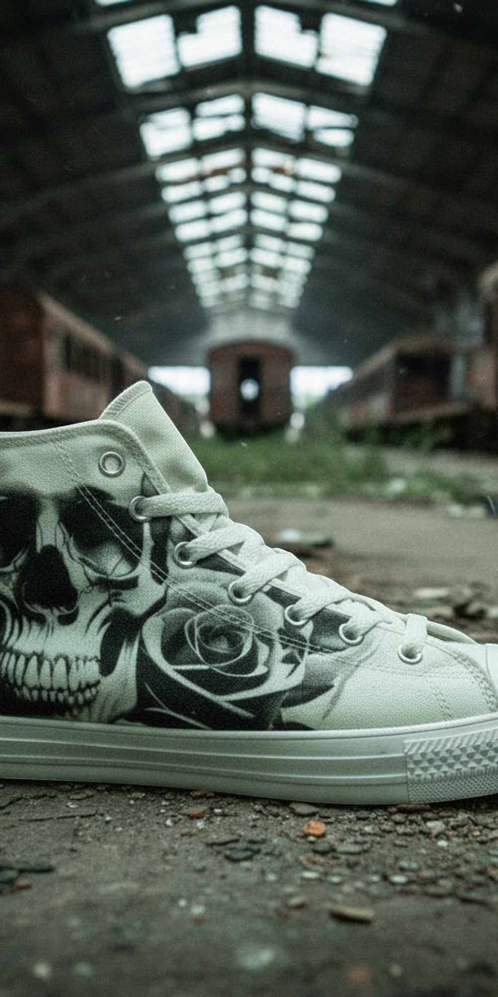 Custom Men's Cartoon Skulls & Roses Black & White high-top canvas shoes with bold all-over art — Freaky Shoes