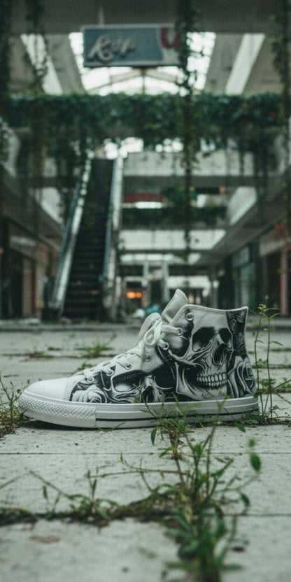Freaky Shoes® high-top canvas sneakers featuring a grey skull and rose print in an abandoned mall setting.