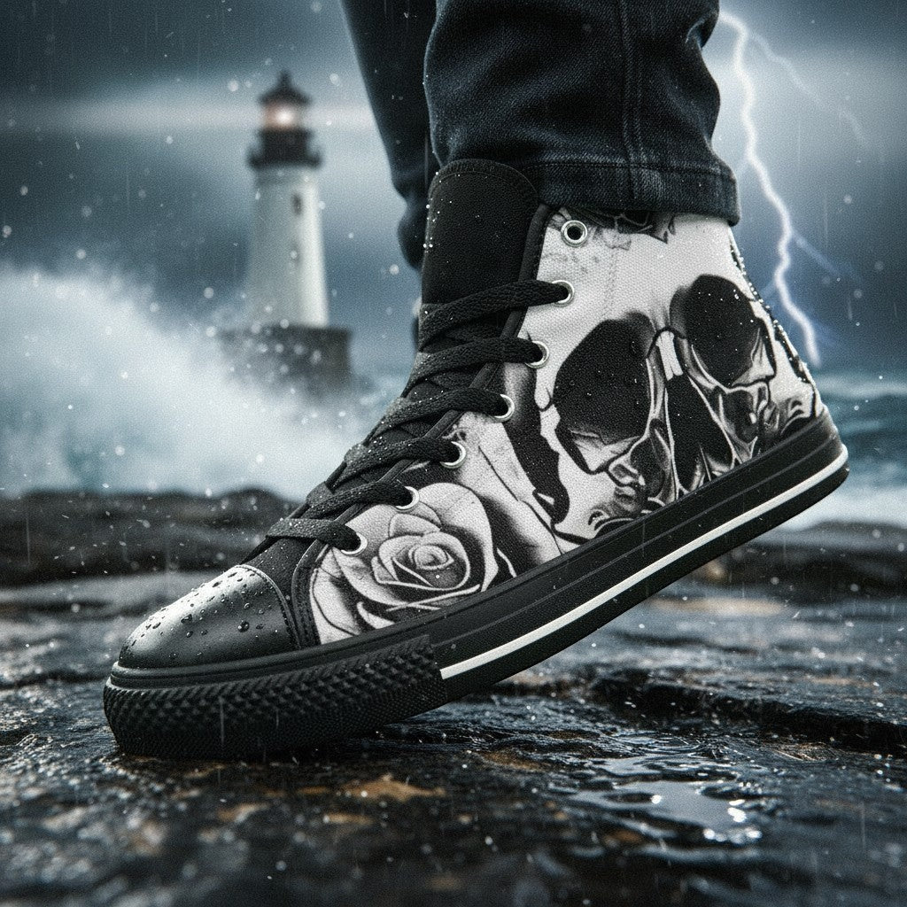 Men's Grey Skull & Roses Black & White custom high-top canvas shoes — wearable art by Freaky Shoes