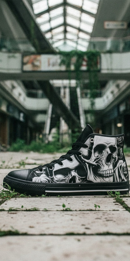 Men's Cartoon Skulls & Roses high-top canvas shoes — one-of-a-kind custom printed art, Freaky Shoes